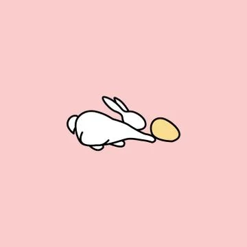 Cute white rabbit stretches forward to an easter egg side view. funny bunny. イラスト素材