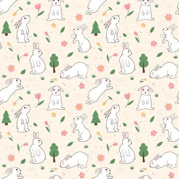 Cute white rabbit, sweet hare pattern. Doodle baby bunny, animals and flowers Illustrazione stock