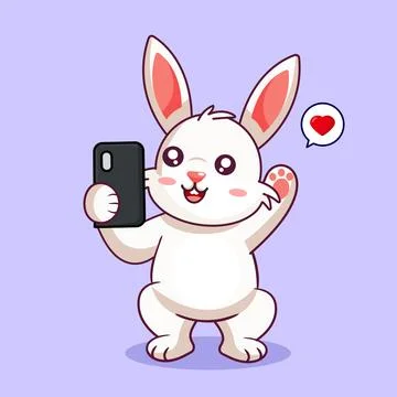 Cute White Rabbit Taking a Selfie with a Smartphone Stock Illustration