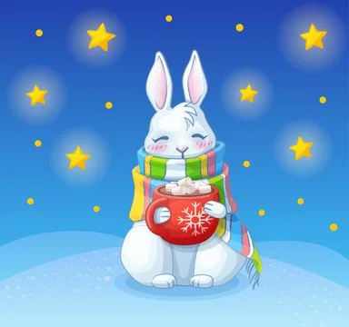 Cute white rabbit under starry night sky vector illustration. Symbol of the new Stockillustratie