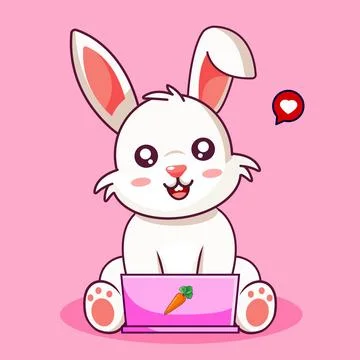 Cute White Rabbit Working on Laptop Vector Illustration 스톡 일러스트