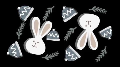 Cute white rabbits with pine trees on black background Stock Footage 320916196