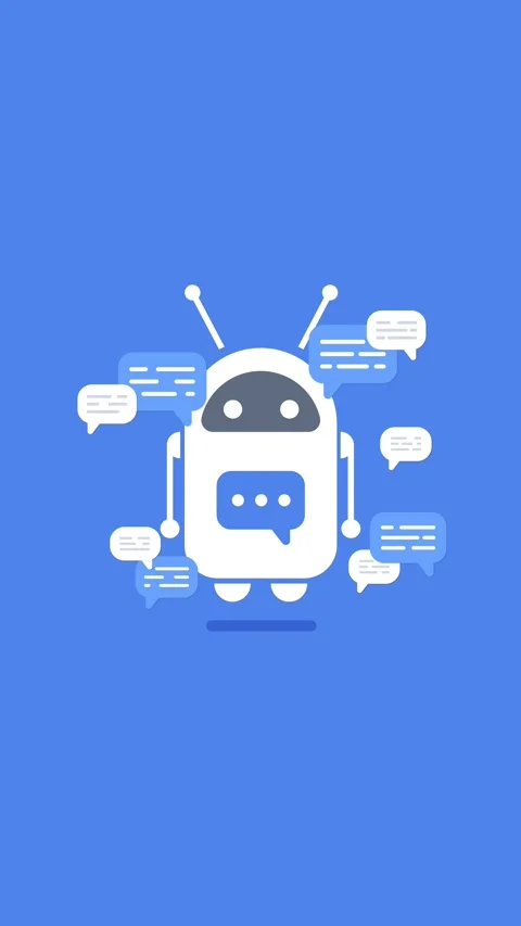 Cute white robot chatbot with blue speech bubbles on solid blue background Video stock 343142988