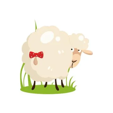 Cute White Sheep With A Bow on Tail. Flat Design Vector Illustration Stock Illustration