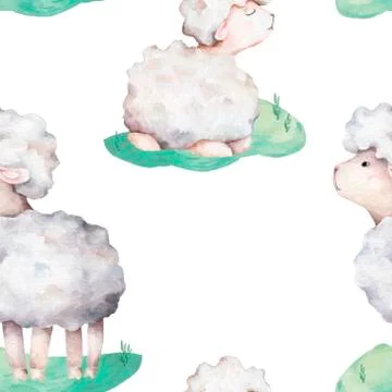Cute white sheep on green grass seamless pattern. Hand drawn illustration on  Stock Illustration