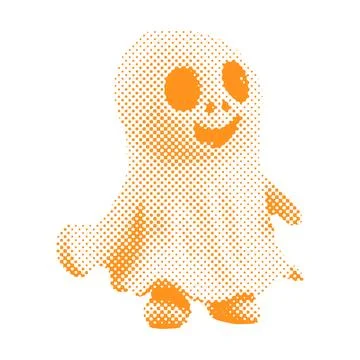 Cute White sheet ghost - Halloween halftone dotted realistic clipart. Offset Illustrazione stock