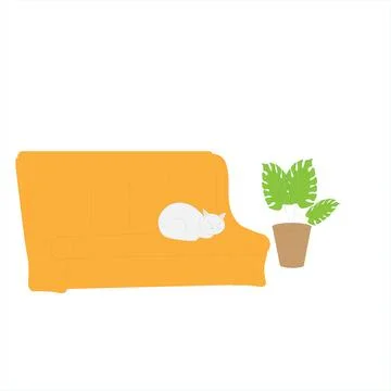 A cute white sleeping cat is lying on a cozy comfortable orange sofa, next to it Ilustración de archivo