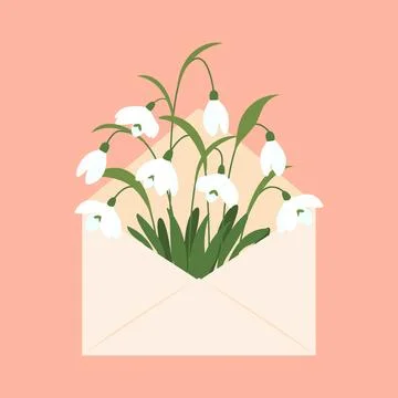 Cute white snowdrops in envelope. Early spring flowers. Blooming snowdrops .. Illustrazione stock