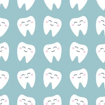 Cute white tooth with pink cheeks on a light green background. Vector pattern Stock Illustration