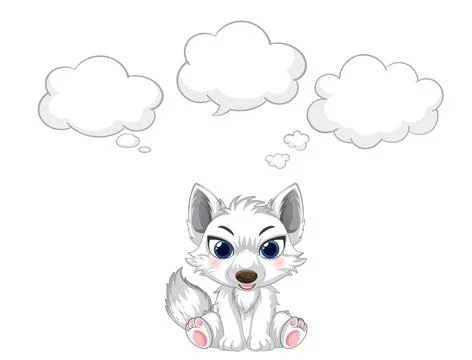 Cute White Wolf Pup Character with Blank Thought Bubbles Stock Illustration