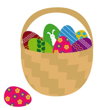 Cute wicker basket with Easter eggs. Illustrazione stock