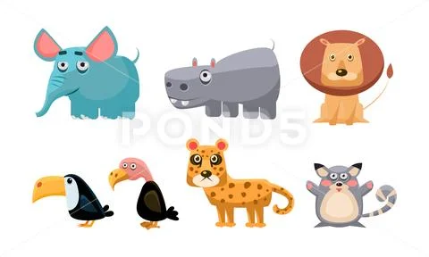 Cute wild African animals set, lion, hippopotamus, elephant, toucan, bald eagle Stock Illustration