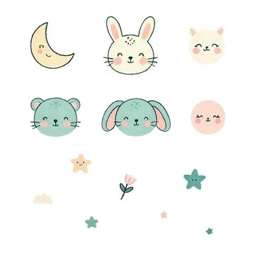 Cute wild animal faces set. Weather icons, kids friendly design. Rainbows a.. Stock Illustration
