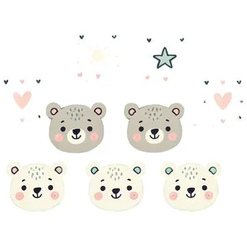 Cute wild animal faces set. Weather icons, kids friendly design. Hearts and.. Stock Illustration