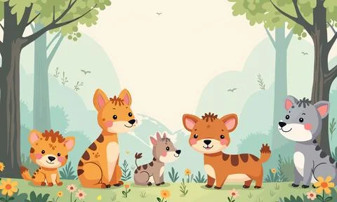 Cute Wild Animals in Forest Illustration