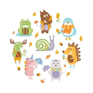 Cute Wild Animals of Round Shape, Snail, Moose, Unicorn, Bear, Raccoon, Hedgehog Illustrazione stock