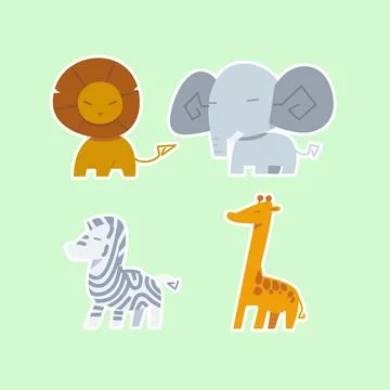 Cute wild animals set including lion, zebra, giraffe, and elephant. Safari .. Stock Illustration