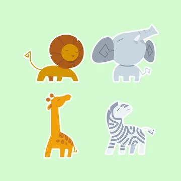 Cute wild animals set including lion, zebra, giraffe, and elephant. Safari .. Stock Illustration