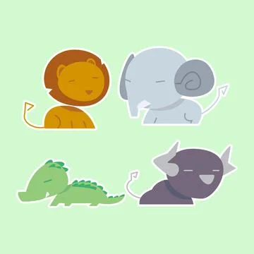 Cute wild animals set including lion, bison, crocodile, and elephant. Safar.. Stock Illustration