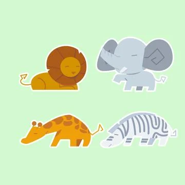 Cute wild animals set including lion, zebra, giraffe, and elephant. Safari .. Stock Illustration