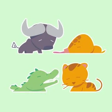 Cute wild animals set including wildebeest, anteaters, crocodiles and cats... Stock Illustration