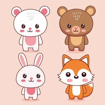Cute wild animals set including bunny, bear, fox. Stock Illustration