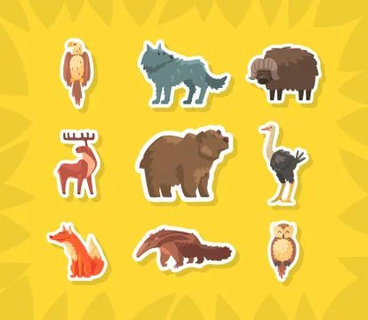 Cute Wild Animals Stickers, Eagle, Wolf, Buffalo, Moose, Bear, Ostrich, Fox, Owl Stock Illustration