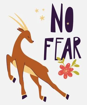 Cute wild deer. Hand draw inscription letters No Fear. Cartoon scandinavian w Stock Illustration