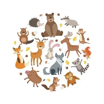 Cute Wild Forest Animals Pattern of Round Shape, Greeting Card, Poster, Banner Stock Illustration