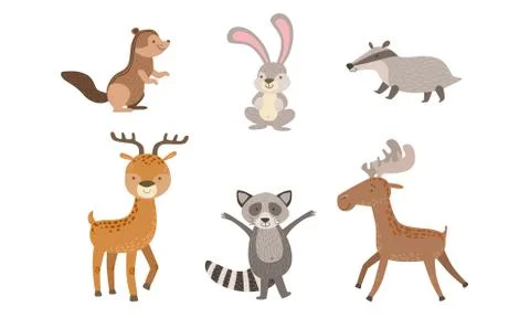 Cute Wild Forest Animals Set, Gopher, Hare, Raccoon, Deer, Elk Badger Vector Stock Illustration