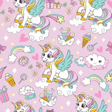 Cute winged unicorns with magic elements vector seamless pattern Illustrazione stock