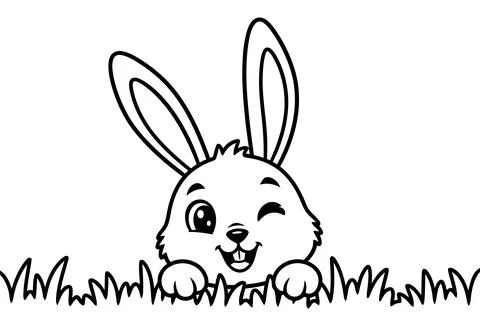 Cute Winking Easter Bunny Peeking From Grass Coloring Clipart イラスト素材