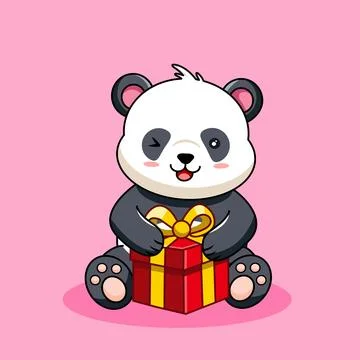 Cute Winking Panda Holding a Gift Box Stock Illustration