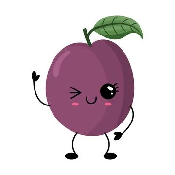 Cute Winking Plum Character with Leaf Happy Kawaii Fruit Mascot Vector Illu.. Stock Illustration