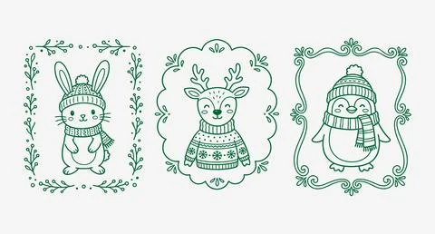 Cute winter animals in frames wearing cozy knit hats and sweaters with knit h Ilustração Stock