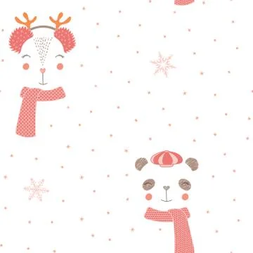 Cute winter animals seamless pattern Stock Illustration