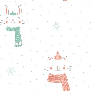 Cute winter animals seamless pattern Stock Illustration