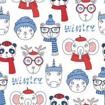 Cute winter animals seamless pattern Stock Illustration