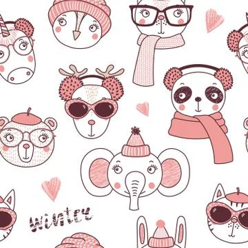 Cute winter animals seamless pattern Stock Illustration