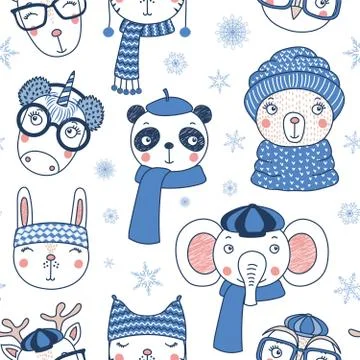 Cute winter animals seamless pattern Stock Illustration
