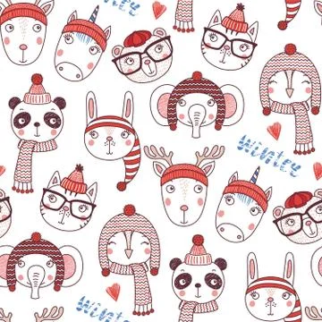 Cute winter animals seamless pattern Stock Illustration