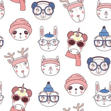 Cute winter animals seamless pattern Stock Illustration