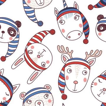 Cute winter animals seamless pattern Stock Illustration
