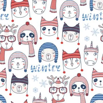 Cute winter animals seamless pattern Stock Illustration