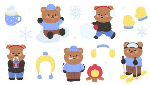Cute Winter Bear Characters Playing Snow Activities with Cozy Clothes Stock Illustration