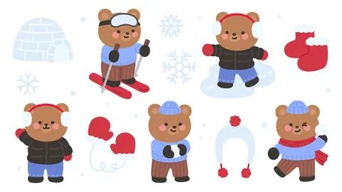 Cute Winter Bear Characters Wearing Warm Clothes and Playing Outdoor Snow A.. Stock Illustration