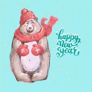 Cute winter bear cub with red scarf on a snowy background with lettering Happy 스톡 일러스트
