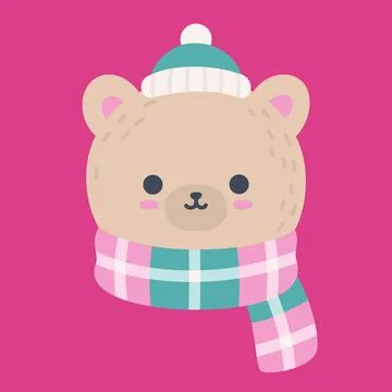Cute Winter Bear Head with Scarf Flat Vector Stock Illustration
