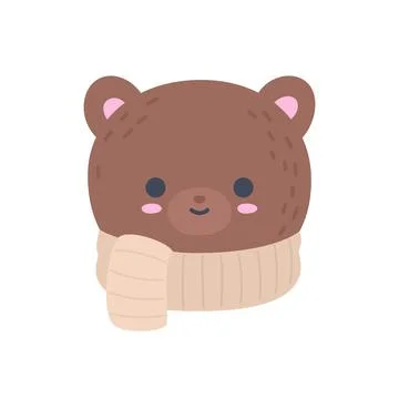 Cute Winter Bear Head with Scarf Flat Vector Stock Illustration