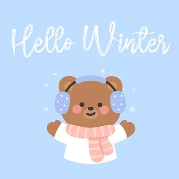 Cute Winter Bear Illustration with Hello Winter Text Stock Illustration
